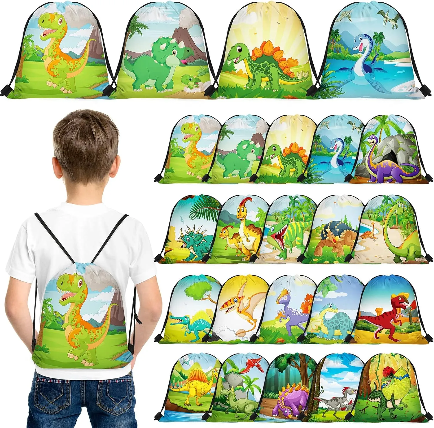 Weewooday 20 Pcs Dinosaur Party Favors Bags Dinosaur Drawstring Gift Bag Dinosaur Party Supplies Bags Dino Backpack Treat Bag for Kids Birthday Candy and Snacks School Travel Storage Bag(Fresh Style)