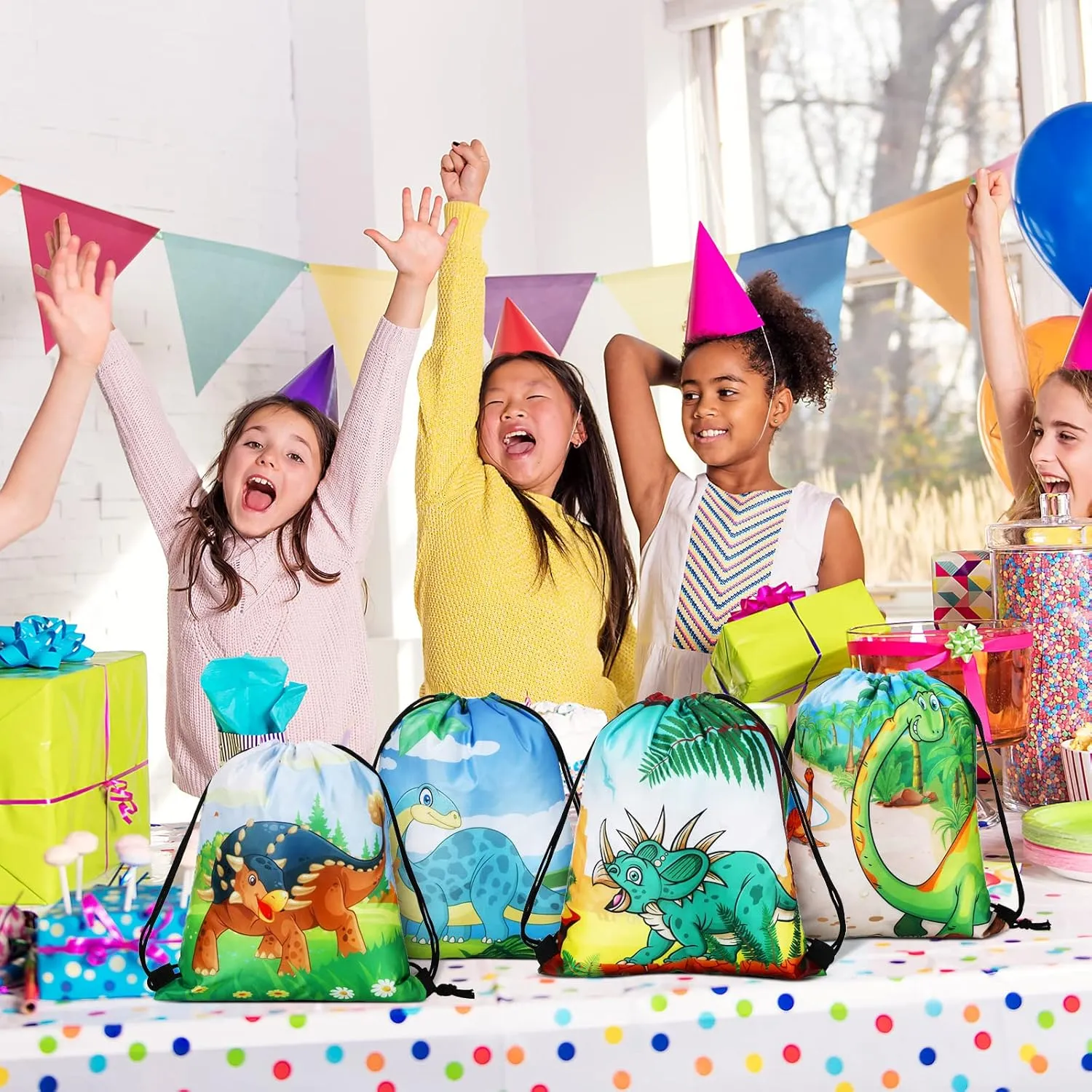 Weewooday 20 Pcs Dinosaur Party Favors Bags Dinosaur Drawstring Gift Bag Dinosaur Party Supplies Bags Dino Backpack Treat Bag for Kids Birthday Candy and Snacks School Travel Storage Bag(Fresh Style)