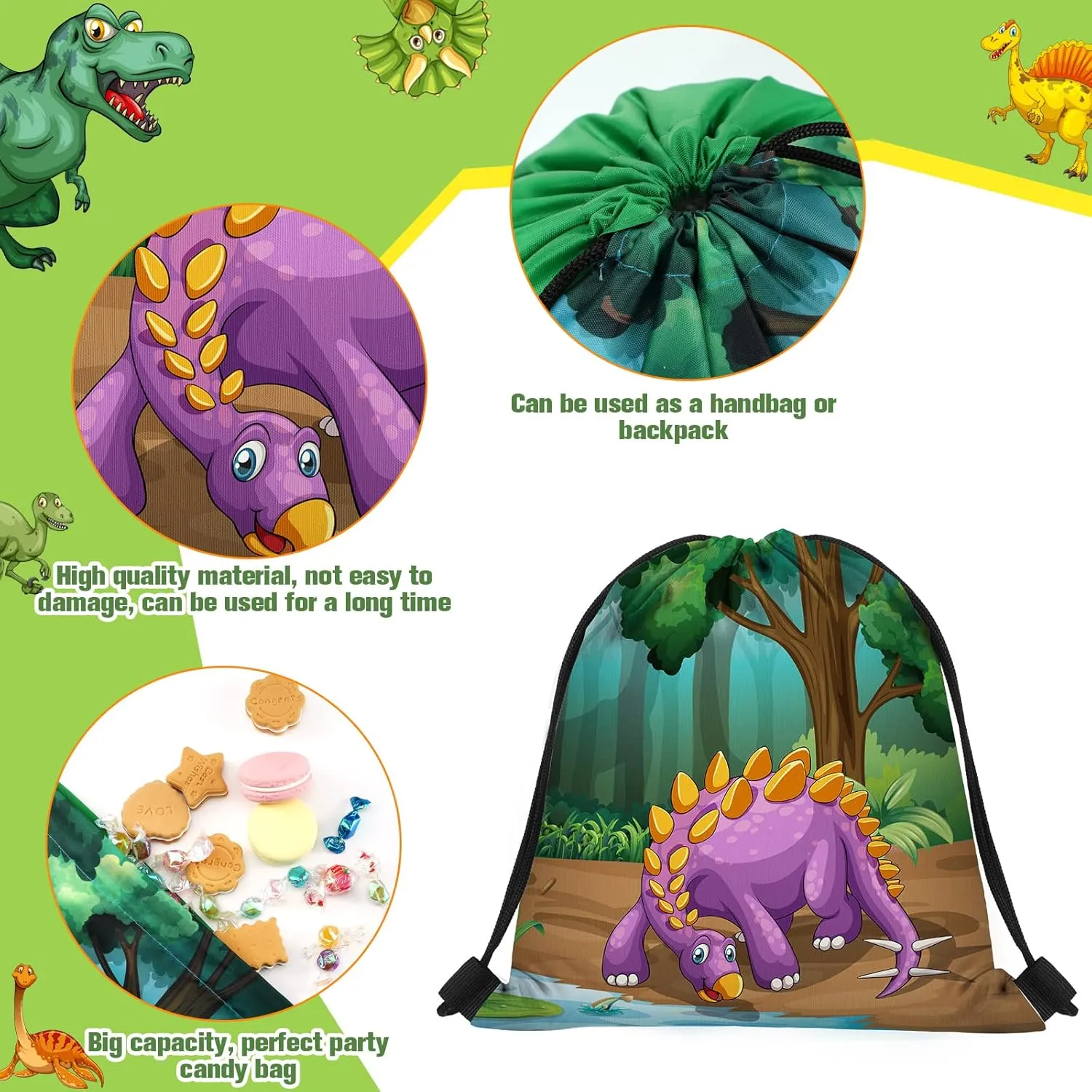 Weewooday 20 Pcs Dinosaur Party Favors Bags Dinosaur Drawstring Gift Bag Dinosaur Party Supplies Bags Dino Backpack Treat Bag for Kids Birthday Candy and Snacks School Travel Storage Bag(Fresh Style)