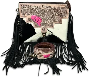 Western Cowgirl Handbag, Cowhide Crossbody Poker Shoulder Bag Purse with Fringes Tooled Leather Brown Messenger Purse
