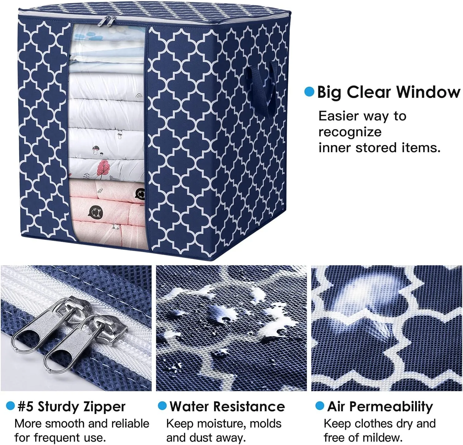 WISELIFE Storage Bags 3 Pack/100L Large Blanket Clothes Organization and Storage Containers for Comforters,Bedding, Foldable Organizer with Reinforced Handle, Clear Window, Sturdy Zippers,Blue