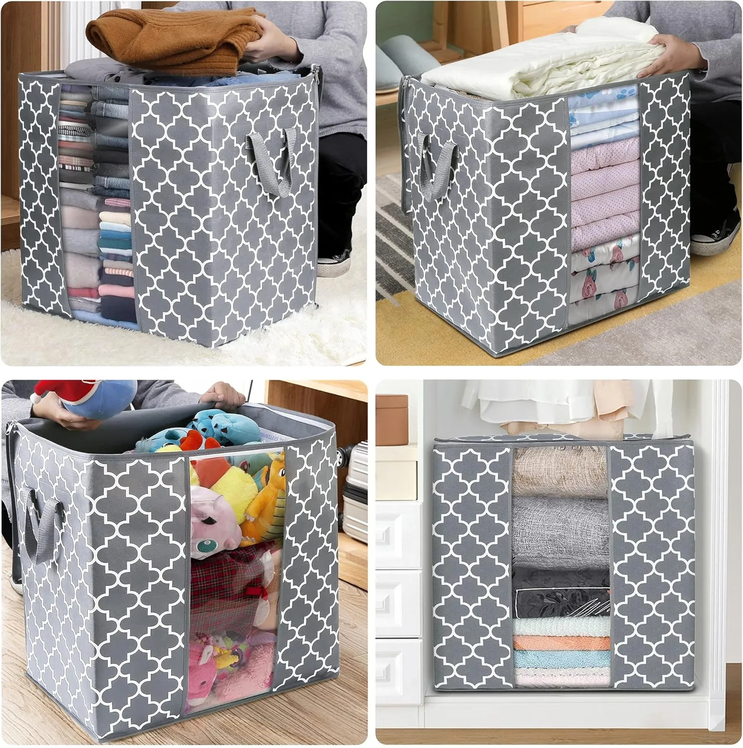 WISELIFE Storage Bags [3 Pack/100L] Large Blanket Clothes Organization and Storage Containers for Comforters,Bedding, Foldable Organizer with Reinforced Handle, Clear Window, Sturdy Zippers,Light Gray