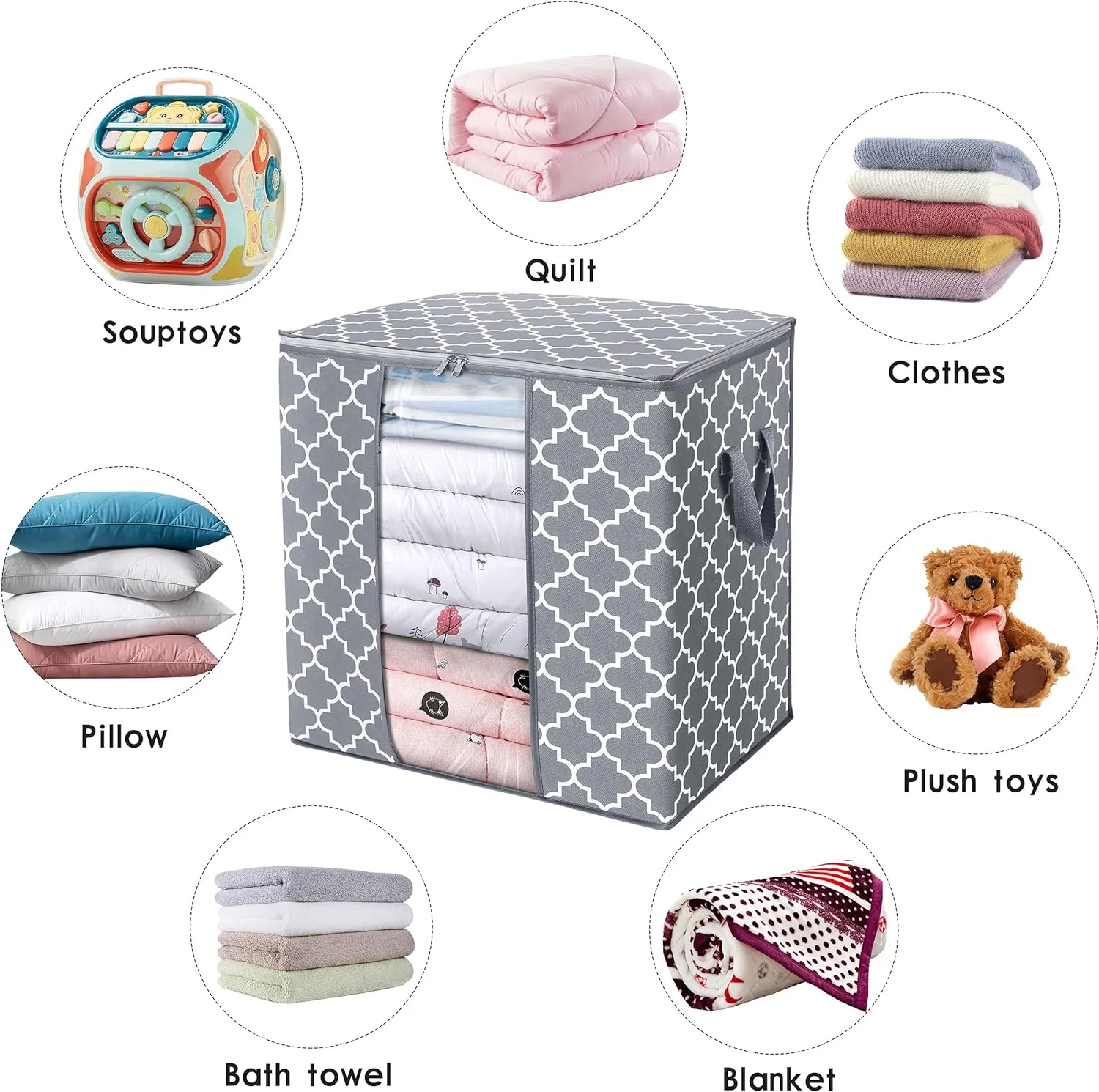 WISELIFE Storage Bags [3 Pack/100L] Large Blanket Clothes Organization and Storage Containers for Comforters,Bedding, Foldable Organizer with Reinforced Handle, Clear Window, Sturdy Zippers,Light Gray