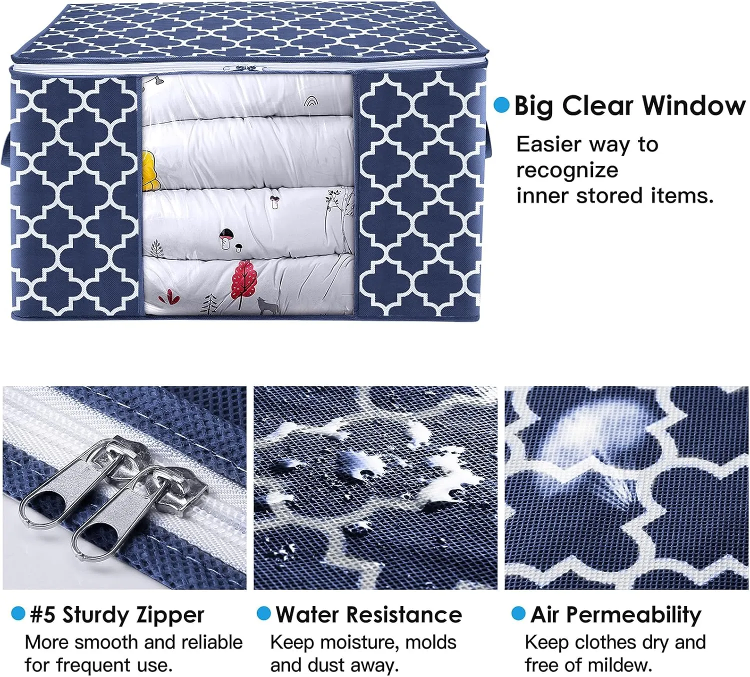 WISELIFE Storage Bags, Large Blanket Clothes Organization and Storage Containers for Bedding, Comforters, Foldable Organizer with Reinforced Handle, Clear Window,Sturdy Zippers,(Blue, 3 x 100L)