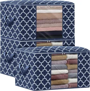 WISELIFE Storage Bags, Large Blanket Clothes Organization and Storage Containers for Bedding, Comforters, Foldable Organizer with Reinforced Handle, Clear Window,Sturdy Zippers,(Blue, 3 x 100L)
