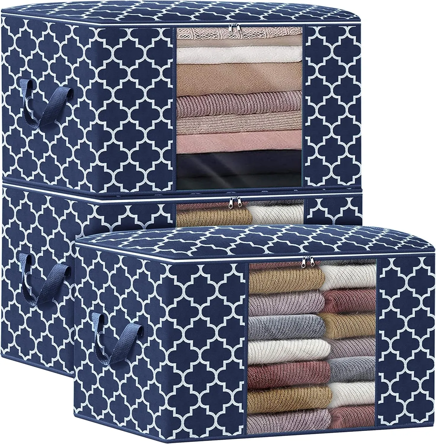 WISELIFE Storage Bags, Large Blanket Clothes Organization and Storage Containers for Bedding, Comforters, Foldable Organizer with Reinforced Handle, Clear Window,Sturdy Zippers,(Blue, 3 x 100L)
