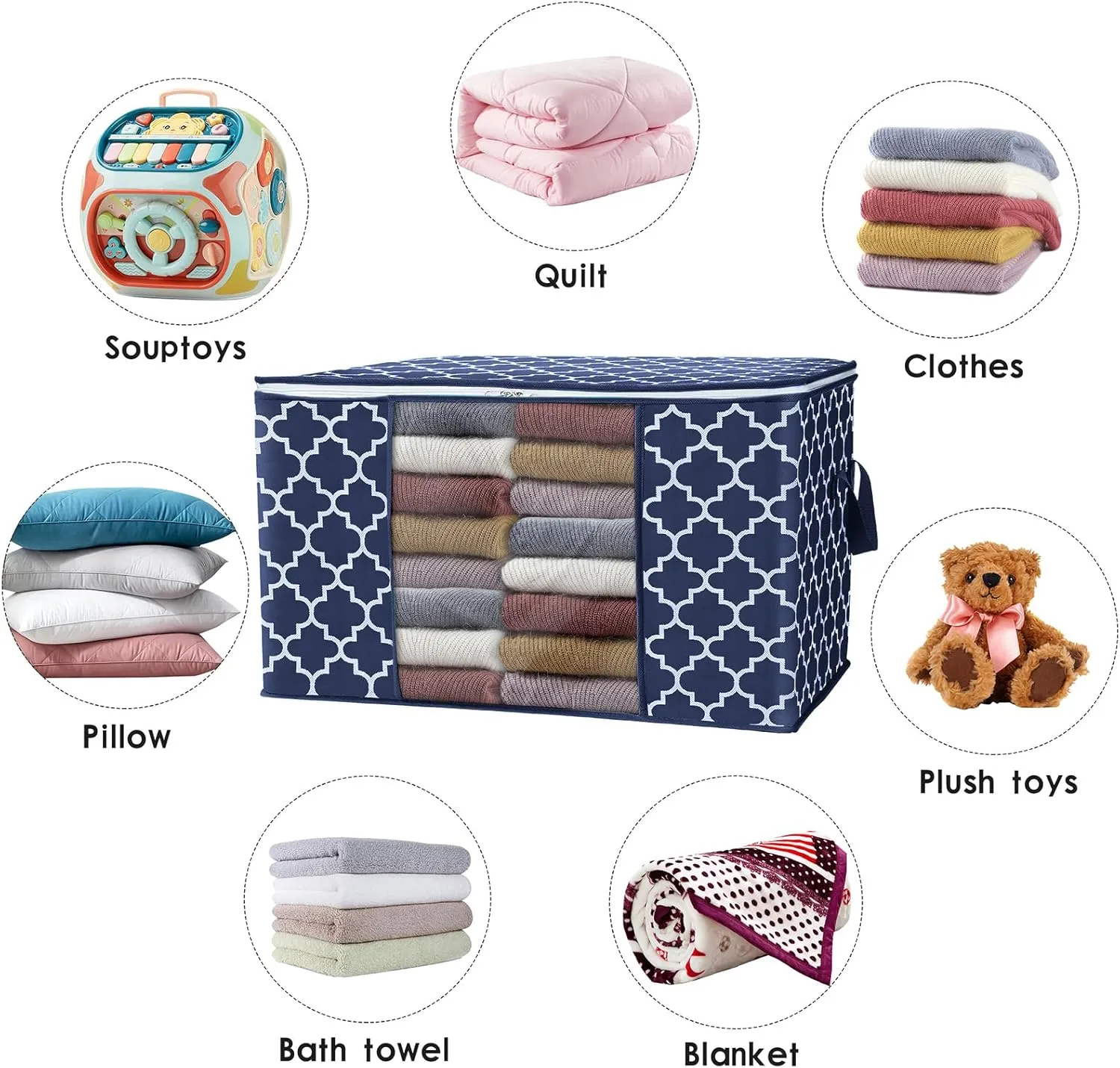 WISELIFE Storage Bags, Large Blanket Clothes Organization and Storage Containers for Bedding, Comforters, Foldable Organizer with Reinforced Handle, Clear Window,Sturdy Zippers,(Blue, 3 x 100L)