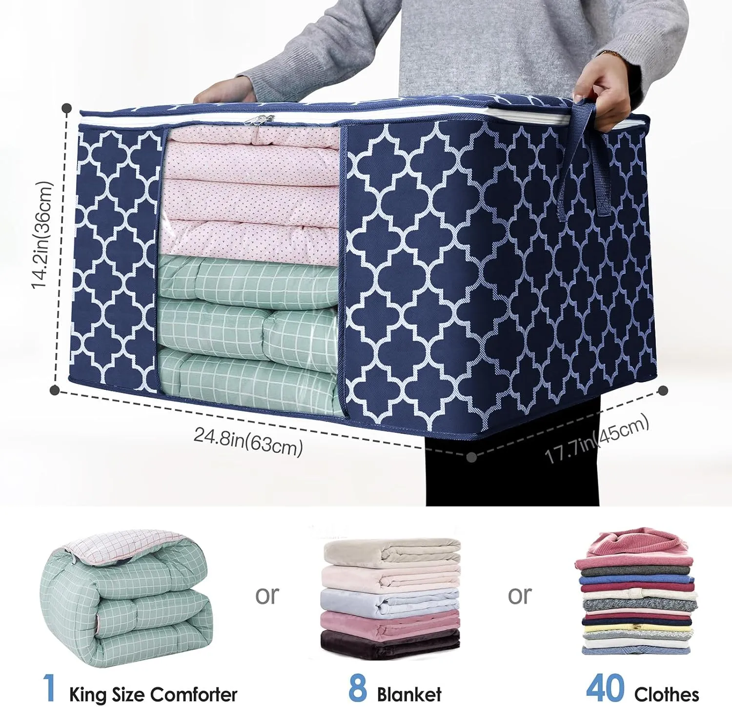 WISELIFE Storage Bags, Large Blanket Clothes Organization and Storage Containers for Bedding, Comforters, Foldable Organizer with Reinforced Handle, Clear Window,Sturdy Zippers,(Blue, 8 x 100L)