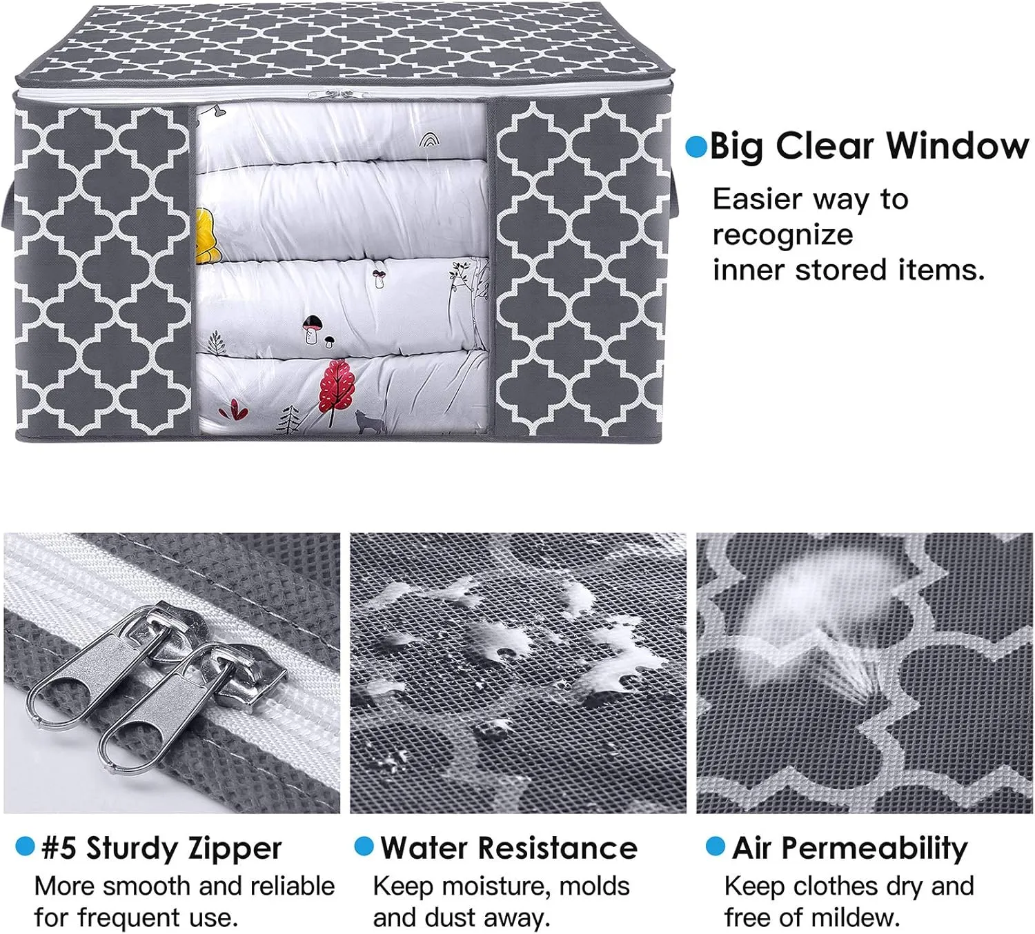 WISELIFE Storage Bags, Large Blanket Clothes Organization and Storage Containers for Bedding, Comforters, Foldable Organizer with Reinforced Handle, Clear Window,Sturdy Zippers,(Grey, 6 x 100L)