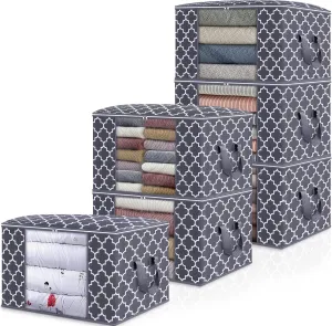 WISELIFE Storage Bags, Large Blanket Clothes Organization and Storage Containers for Bedding, Comforters, Foldable Organizer with Reinforced Handle, Clear Window,Sturdy Zippers,(Grey, 6 x 100L)