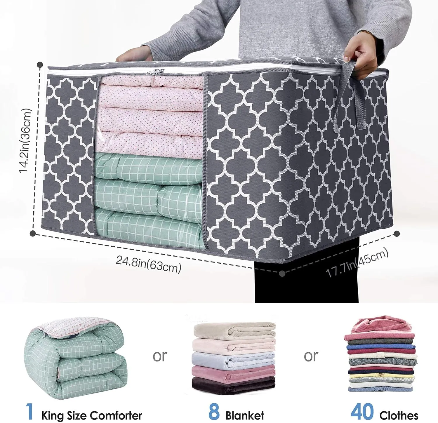 WISELIFE Storage Bags, Large Blanket Clothes Organization and Storage Containers for Bedding, Comforters, Foldable Organizer with Reinforced Handle, Clear Window,Sturdy Zippers,(Grey, 6 x 100L)