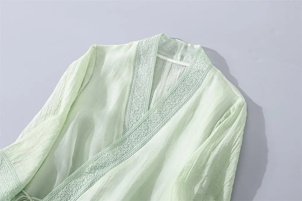 Women Chinese Style Embroidery Cardigan Dress Tie V Neck Summer Hanfu Dress Elegant Thin Mid Length Coat