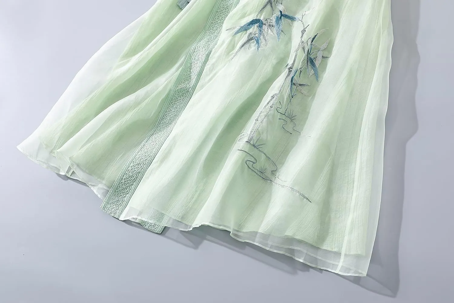 Women Chinese Style Embroidery Cardigan Dress Tie V Neck Summer Hanfu Dress Elegant Thin Mid Length Coat