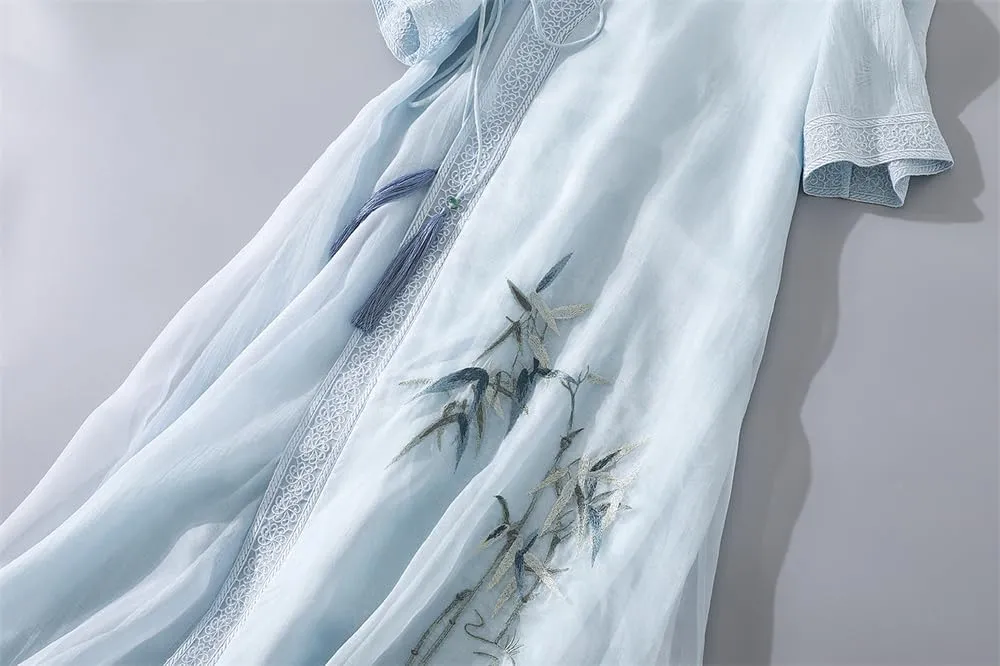 Women Chinese Style Embroidery Cardigan Dress Tie V Neck Summer Hanfu Dress Elegant Thin Mid Length Coat