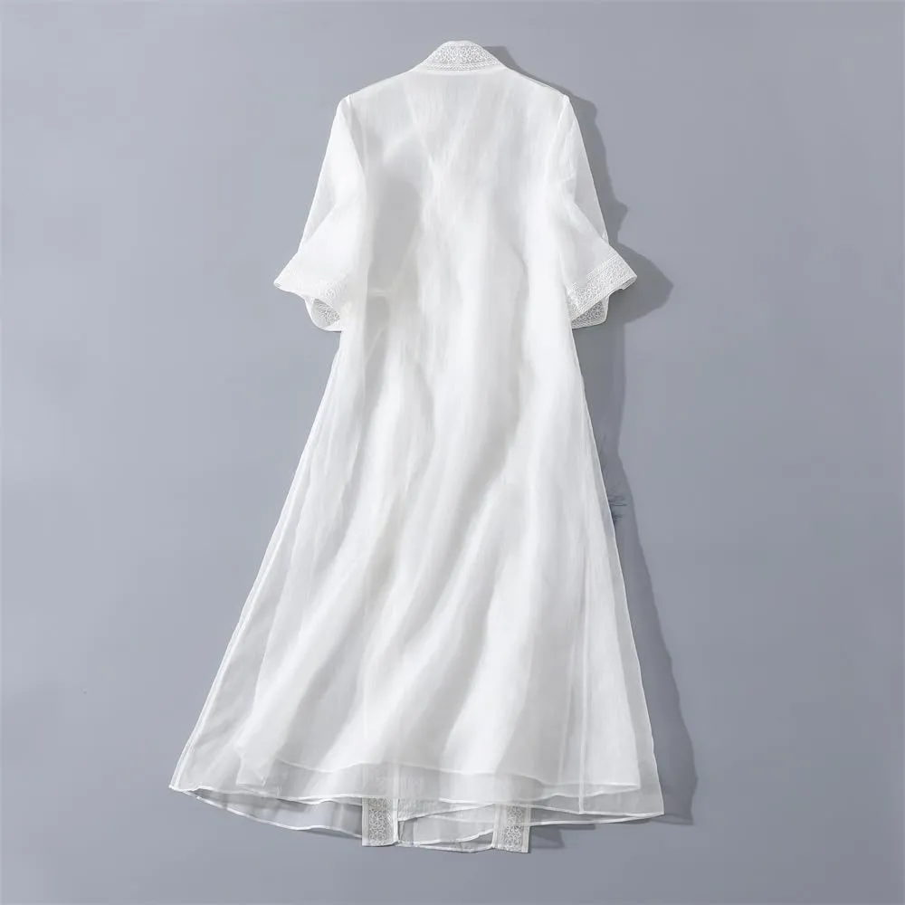 Women Chinese Style Embroidery Cardigan Dress Tie V Neck Summer Hanfu Dress Elegant Thin Mid Length Coat