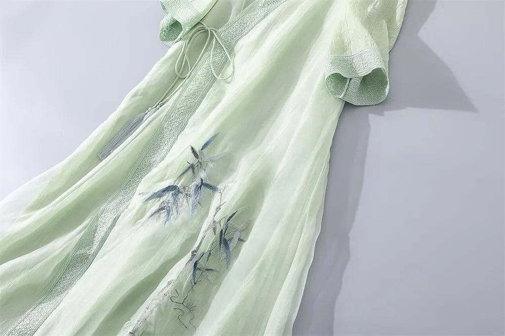 Women Chinese Style Embroidery Cardigan Dress Tie V Neck Summer Hanfu Dress Elegant Thin Mid Length Coat