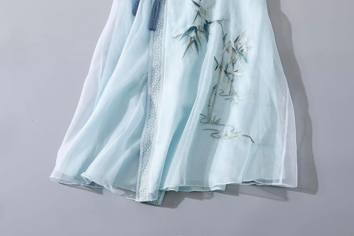 Women Chinese Style Embroidery Cardigan Dress Tie V Neck Summer Hanfu Dress Elegant Thin Mid Length Coat