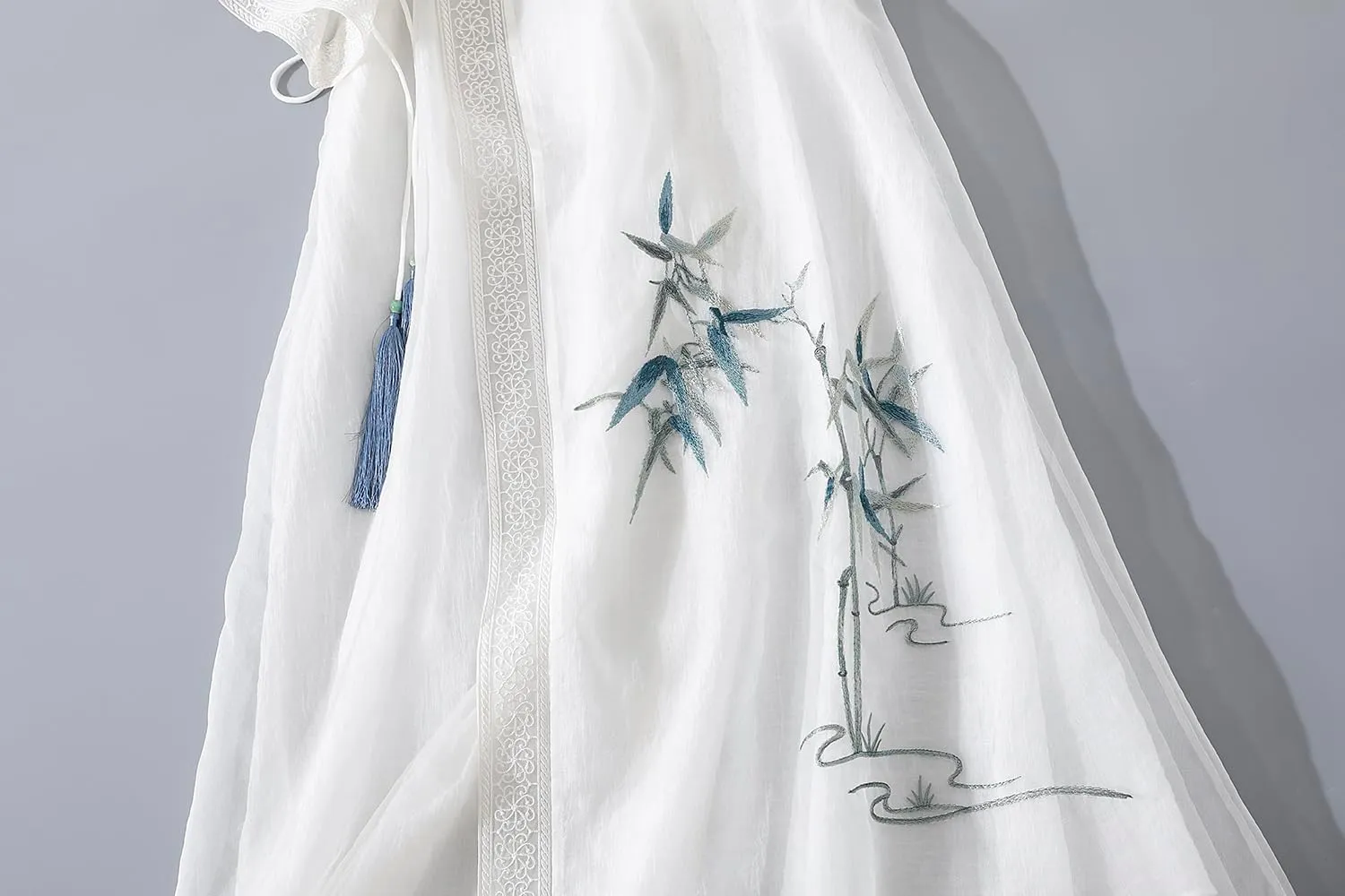Women Chinese Style Embroidery Cardigan Dress Tie V Neck Summer Hanfu Dress Elegant Thin Mid Length Coat