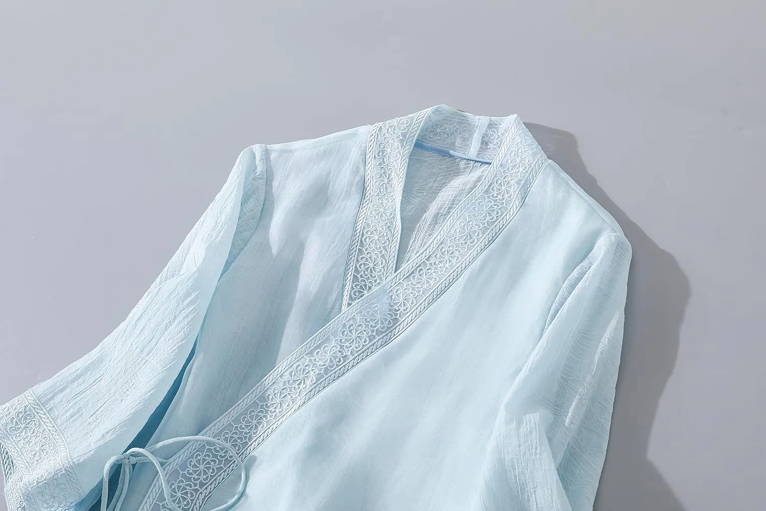 Women Chinese Style Embroidery Cardigan Dress Tie V Neck Summer Hanfu Dress Elegant Thin Mid Length Coat