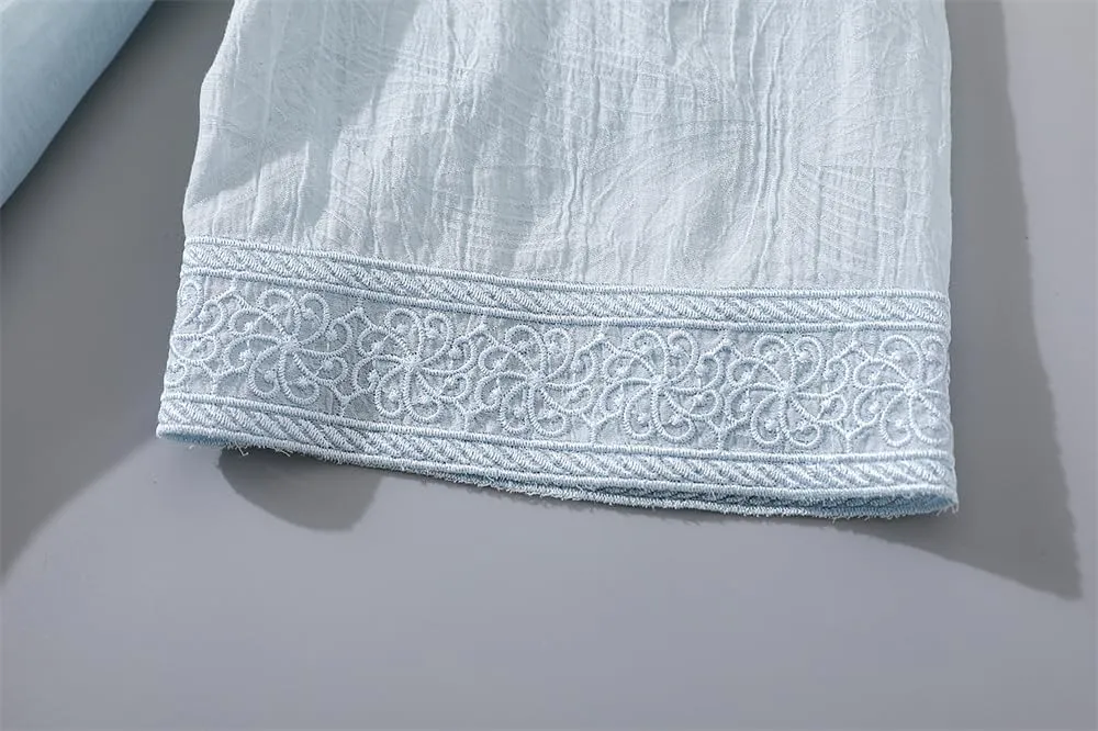 Women Chinese Style Embroidery Cardigan Dress Tie V Neck Summer Hanfu Dress Elegant Thin Mid Length Coat