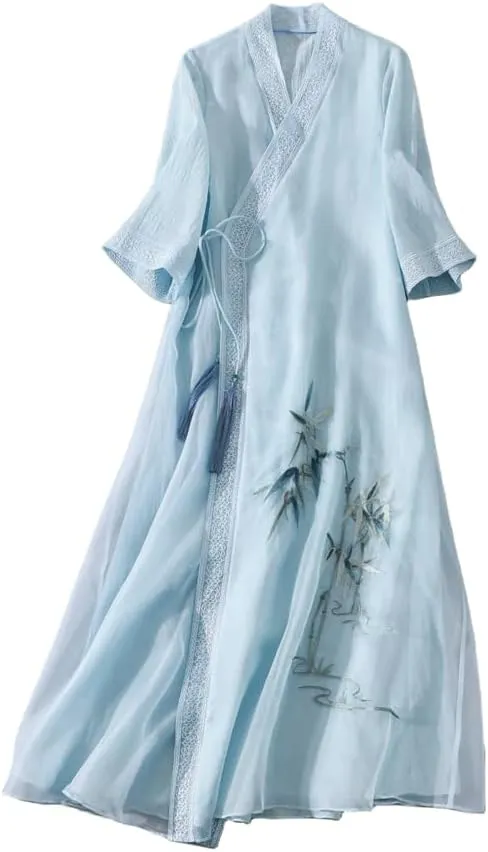 Women Chinese Style Embroidery Cardigan Dress Tie V Neck Summer Hanfu Dress Elegant Thin Mid Length Coat