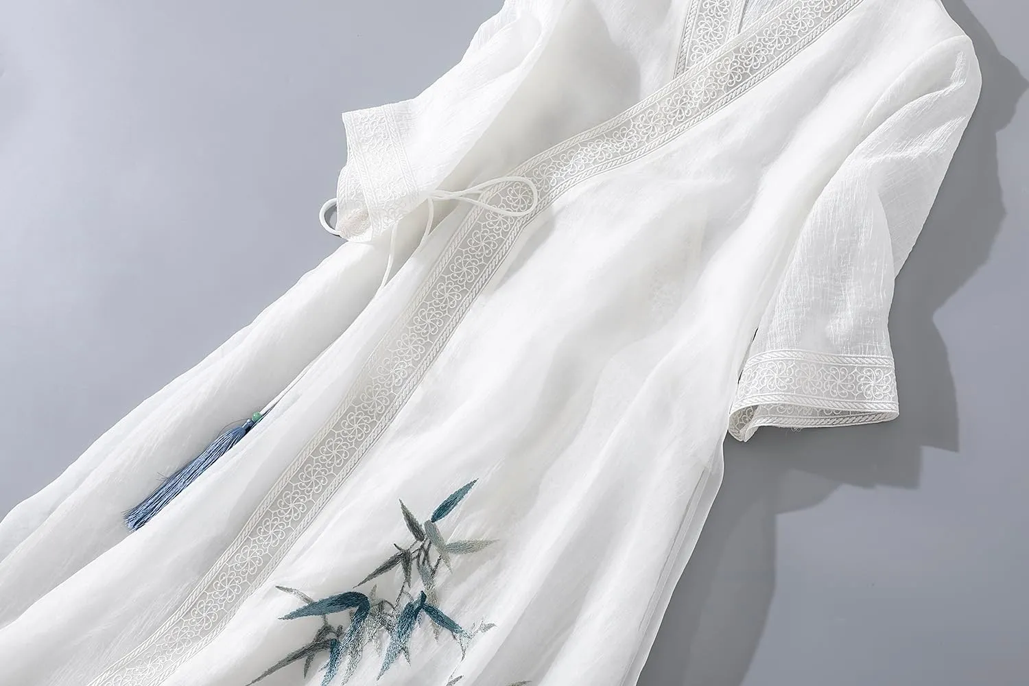 Women Chinese Style Embroidery Cardigan Dress Tie V Neck Summer Hanfu Dress Elegant Thin Mid Length Coat