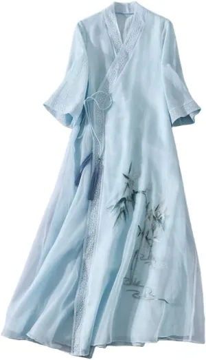 Women Chinese Style Embroidery Cardigan Dress Tie V Neck Summer Hanfu Dress Elegant Thin Mid Length Coat
