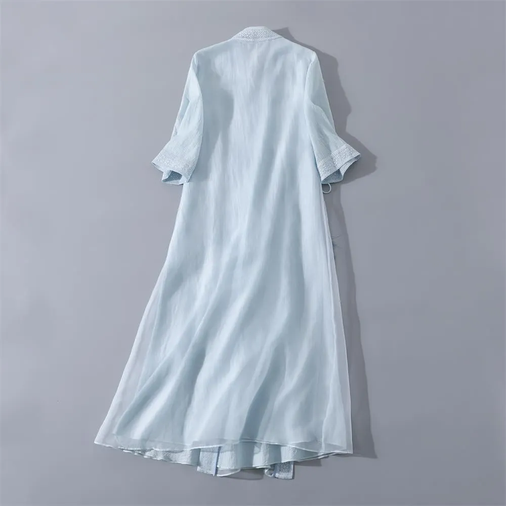Women Chinese Style Embroidery Cardigan Dress Tie V Neck Summer Hanfu Dress Elegant Thin Mid Length Coat