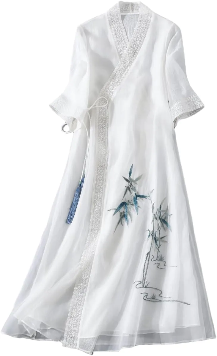 Women Chinese Style Embroidery Cardigan Dress Tie V Neck Summer Hanfu Dress Elegant Thin Mid Length Coat
