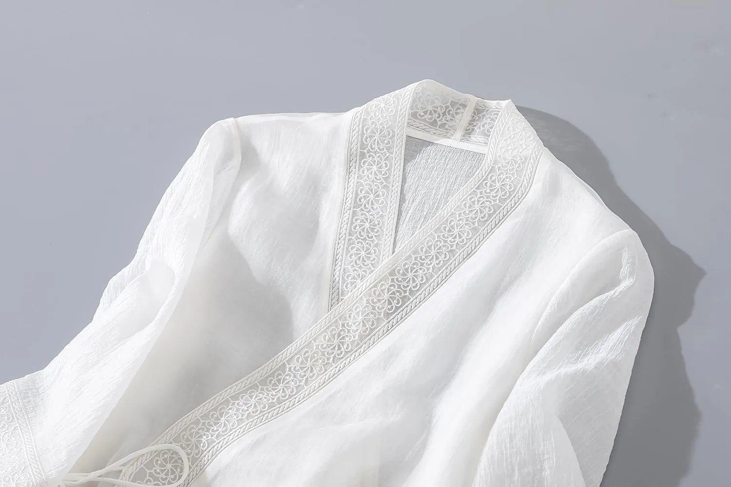Women Chinese Style Embroidery Cardigan Dress Tie V Neck Summer Hanfu Dress Elegant Thin Mid Length Coat