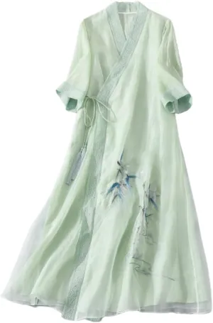 Women Chinese Style Embroidery Cardigan Dress Tie V Neck Summer Hanfu Dress Elegant Thin Mid Length Coat