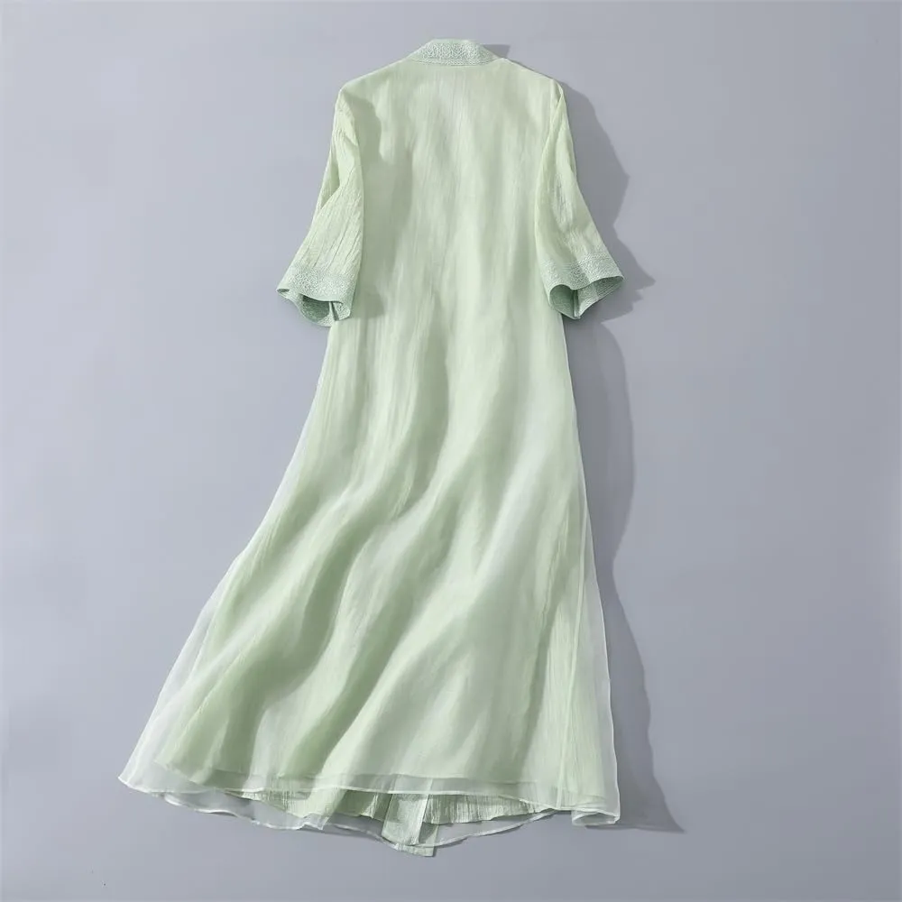 Women Chinese Style Embroidery Cardigan Dress Tie V Neck Summer Hanfu Dress Elegant Thin Mid Length Coat