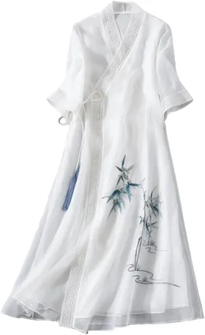 Women Chinese Style Embroidery Cardigan Dress Tie V Neck Summer Hanfu Dress Elegant Thin Mid Length Coat