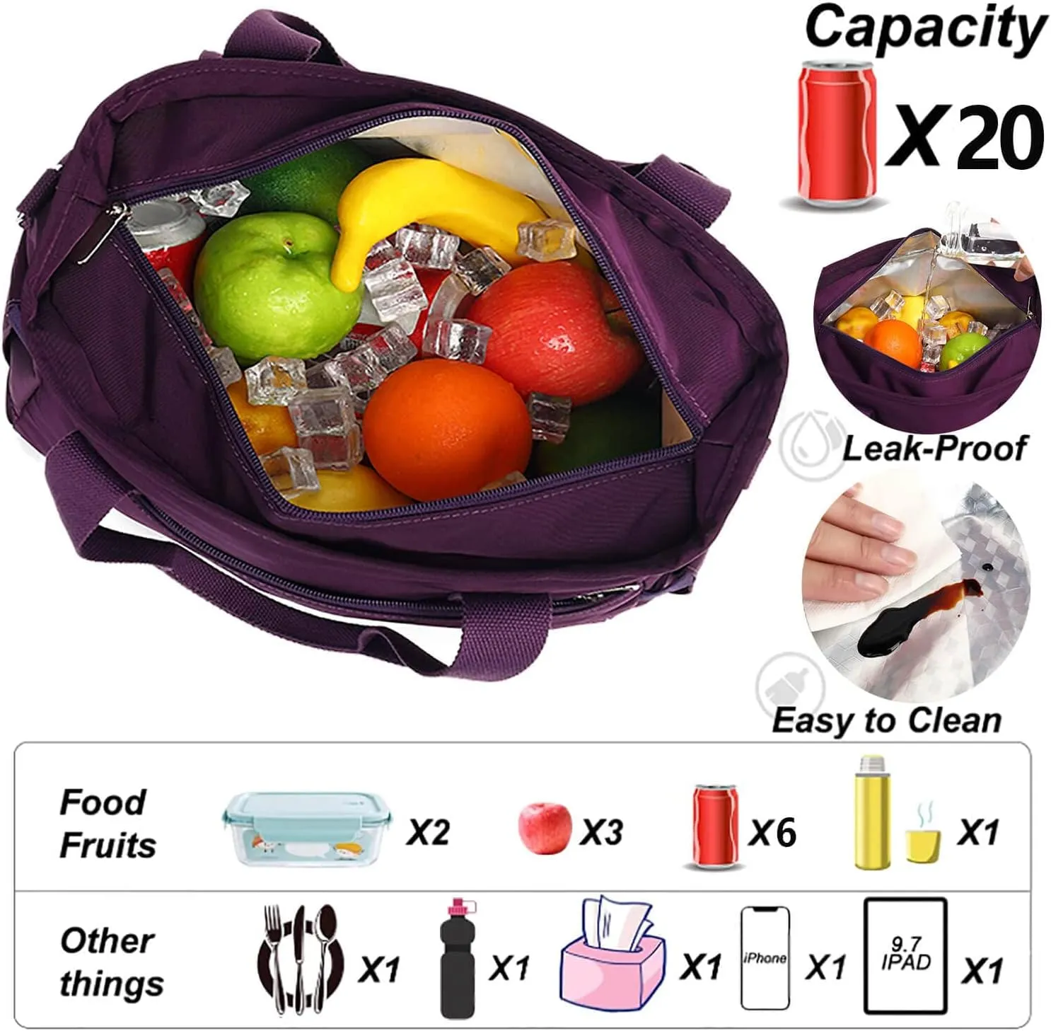 Women Lunch Bags for Work, Insulated Leak proof Cooler Adult Lunch Box, Large Lunch Tote for Work with Adjustable Shoulder Straps Lunch Bag (Purple)