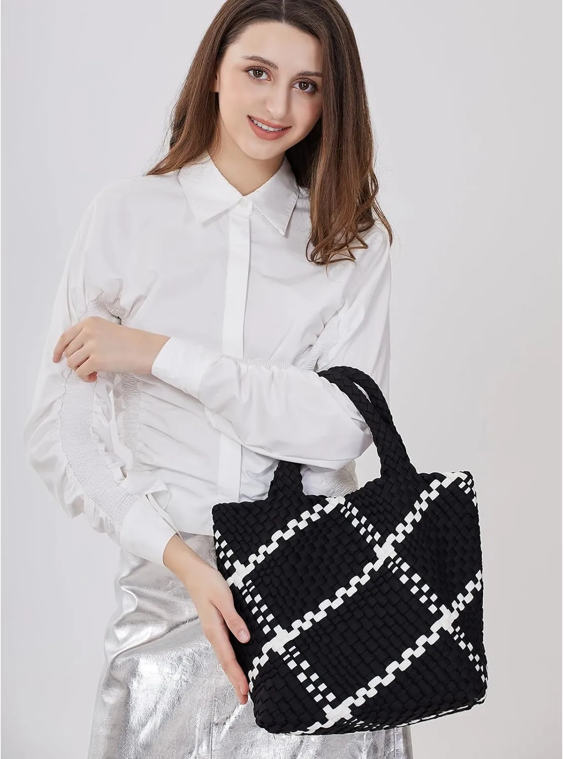 Women Tote Bag Large Neoprene Tote Bag Fashion Woven Bag Neoprene Tote Handbag Roomy Shoulder Bags for Beach, Gym