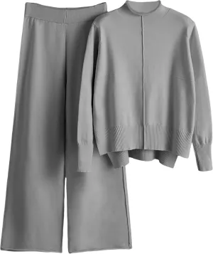 Women's 2 Piece Outfits Sweatsuit Mock Neck Pullover Top Wide Leg Pants Tracksuit Lounge Sets