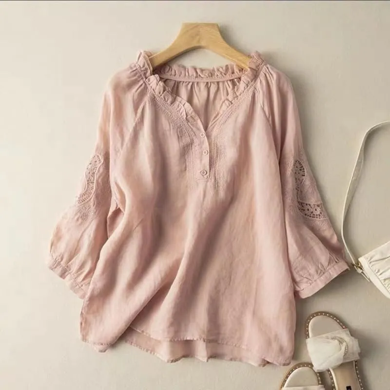 Women's Cotton Linen Button Short Sleeve Shirts Summer Loose Crewneck Casual Boho Top Vintage Embroidered Blouse Tops