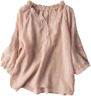 Women's Cotton Linen Button Short Sleeve Shirts Summer Loose Crewneck Casual Boho Top Vintage Embroidered Blouse Tops