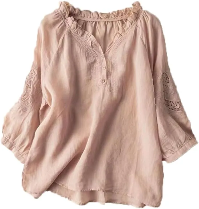 Women's Cotton Linen Button Short Sleeve Shirts Summer Loose Crewneck Casual Boho Top Vintage Embroidered Blouse Tops