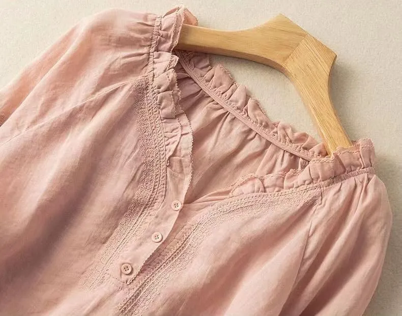 Women's Cotton Linen Button Short Sleeve Shirts Summer Loose Crewneck Casual Boho Top Vintage Embroidered Blouse Tops