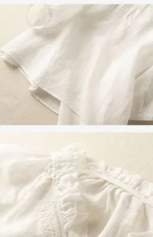 Women's Cotton Linen Button Short Sleeve Shirts Summer Loose Crewneck Casual Boho Top Vintage Embroidered Blouse Tops