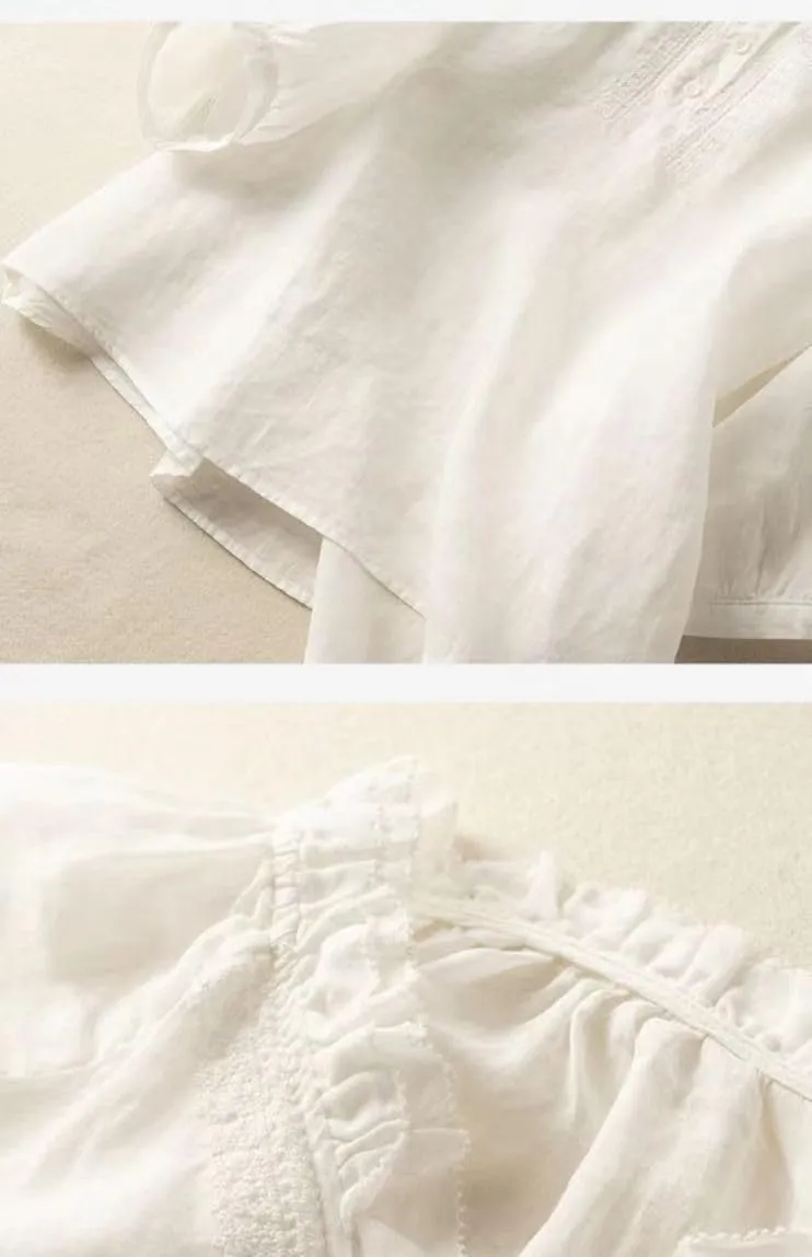 Women's Cotton Linen Button Short Sleeve Shirts Summer Loose Crewneck Casual Boho Top Vintage Embroidered Blouse Tops