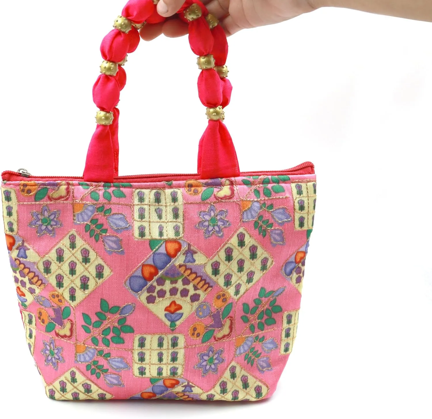 Womens Designer Embroidery Handbag Handmade Satin Bags for Wedding Party Fancy Purse with Top Handle
