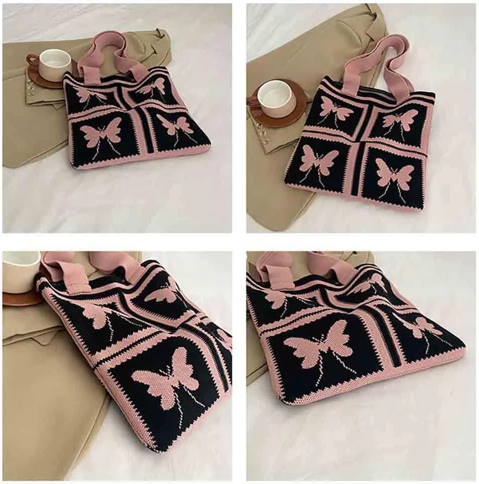 Women's knitted handbag, Butterfly shoulder bag, cute wool woven bag Crochet tote bag Hobo Bags