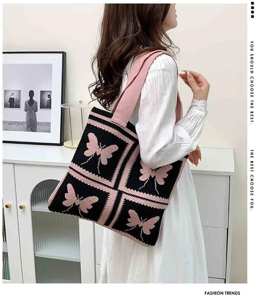 Women's knitted handbag, Butterfly shoulder bag, cute wool woven bag Crochet tote bag Hobo Bags