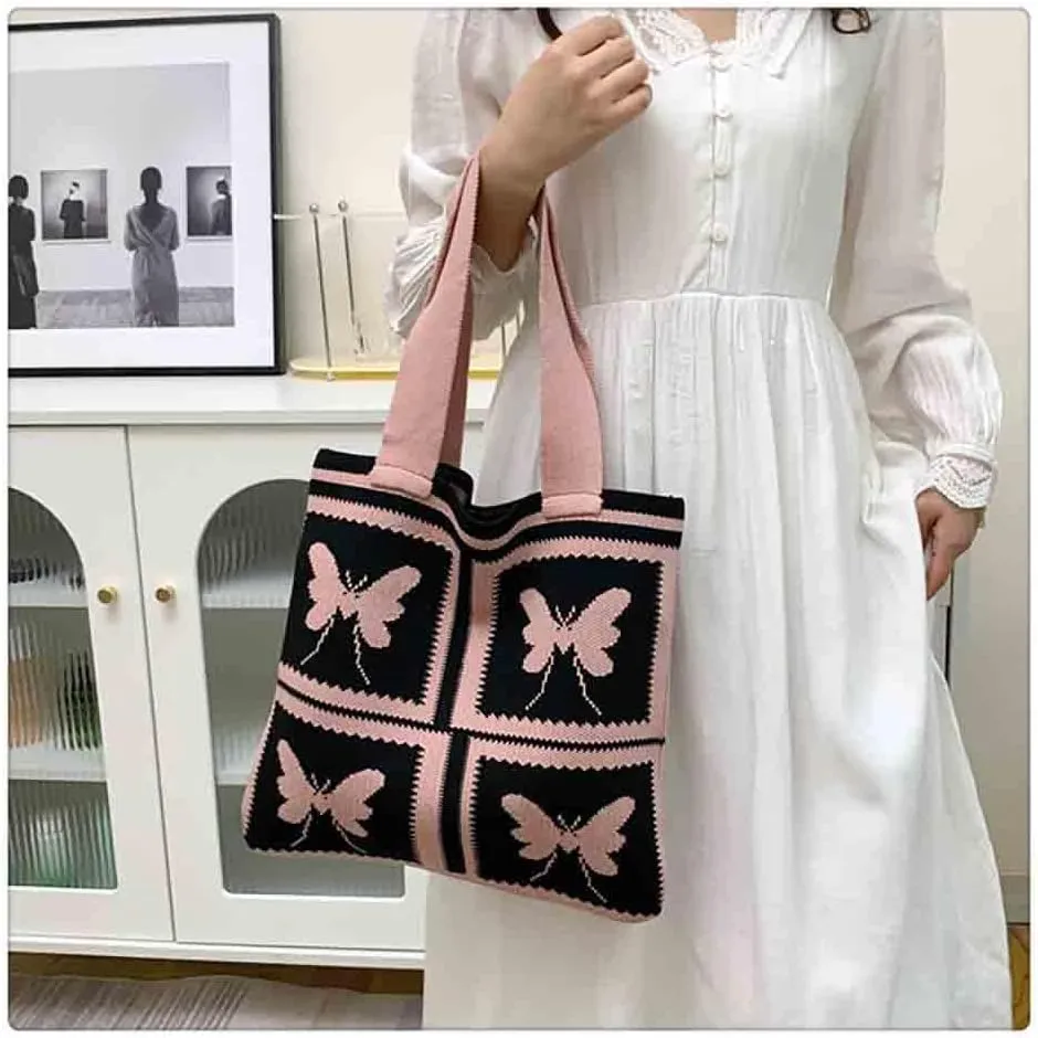 Women's knitted handbag, Butterfly shoulder bag, cute wool woven bag Crochet tote bag Hobo Bags