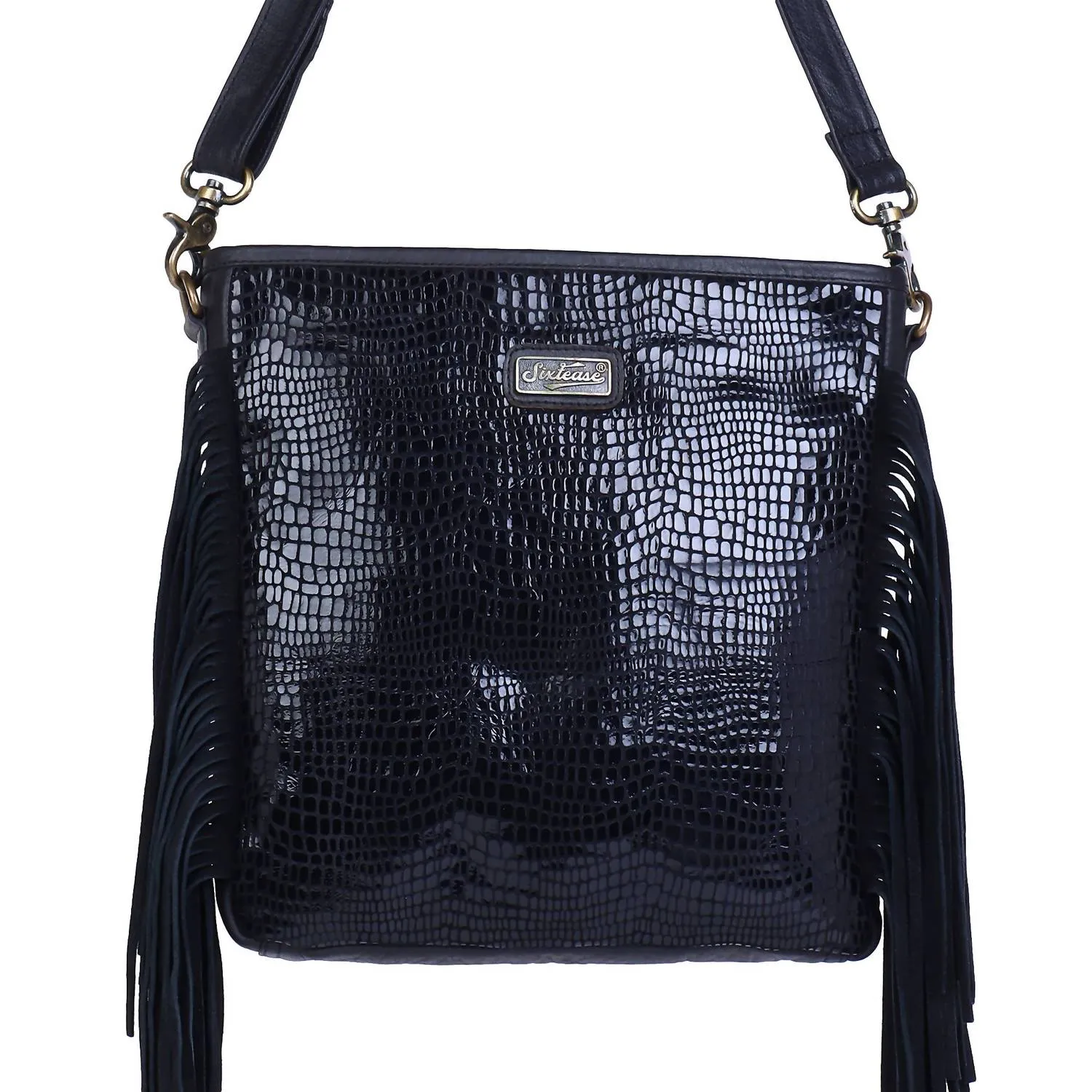 Women's Leather Fringed Crossbody In Silver Black Polka Dots