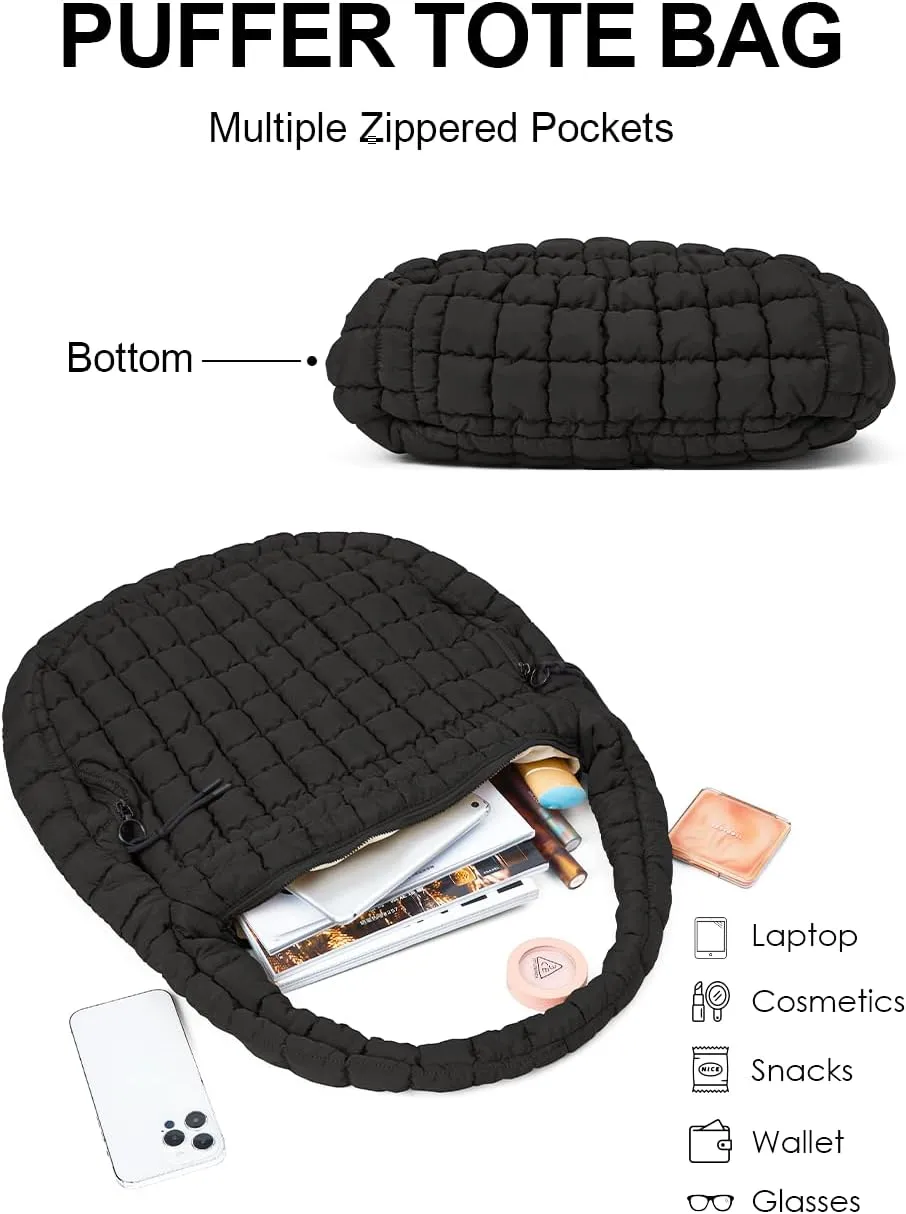 Womens' Lightweight Quilted Carryall GYM Tote Bag Puffer Crossbody Bag Soft Puffy Boho Handbags Big Capacity Purse
