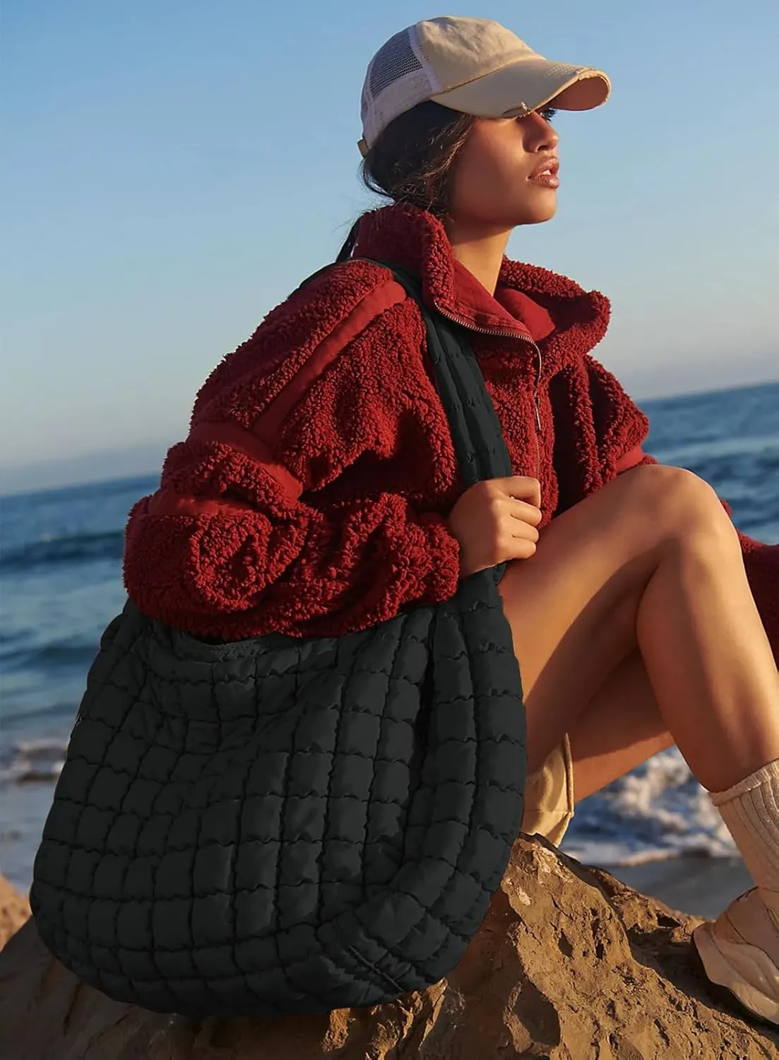 Womens' Lightweight Quilted Carryall GYM Tote Bag Puffer Crossbody Bag Soft Puffy Boho Handbags Big Capacity Purse