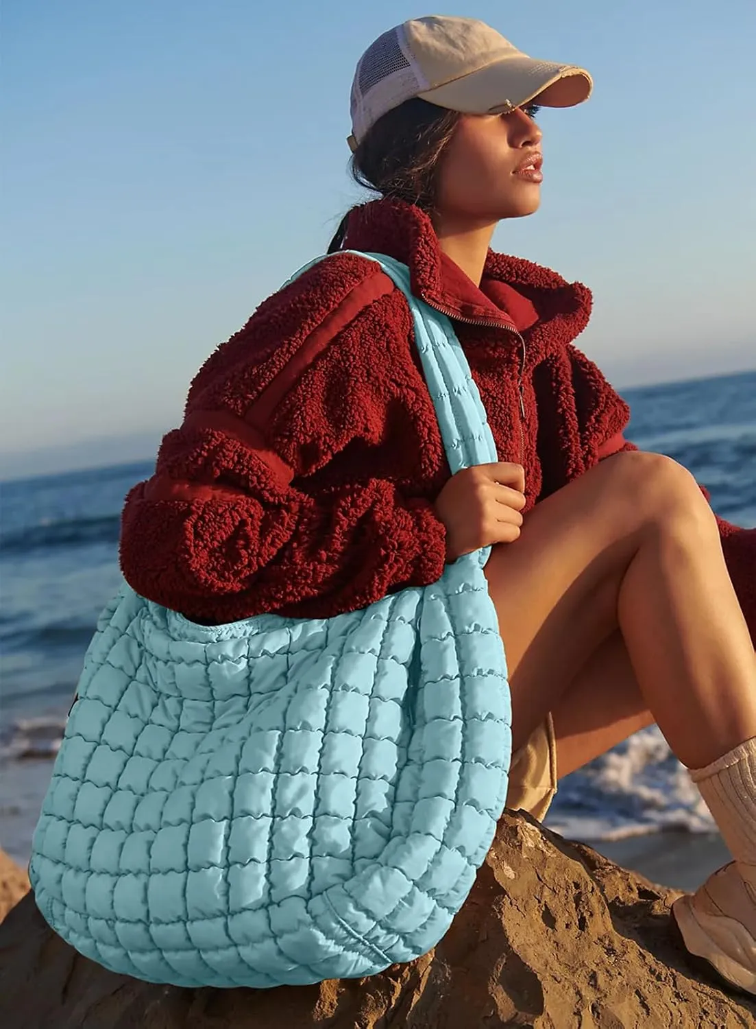 Womens' Lightweight Quilted Carryall GYM Tote Bag Puffer Crossbody Bag Soft Puffy Boho Handbags Big Capacity Purse